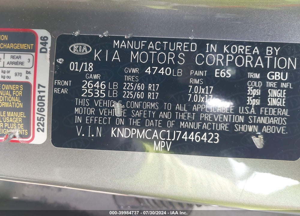2018 KIA SPORTAGE LX VIN: KNDPMCAC1J7446423