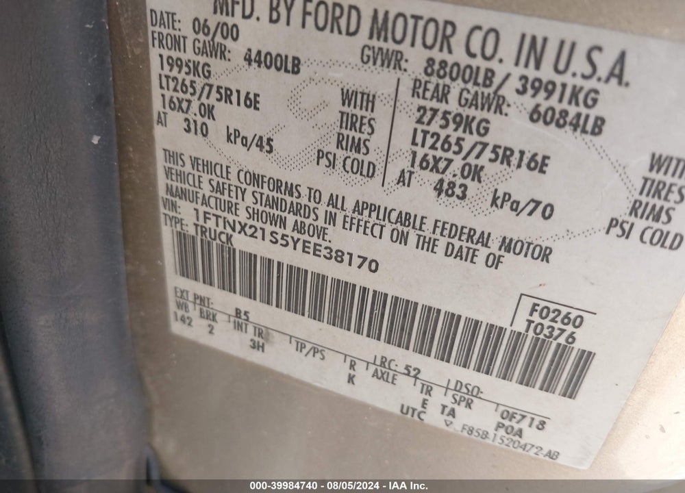 2000 FORD F-250 VIN: 1FTNX21S5YEE38170