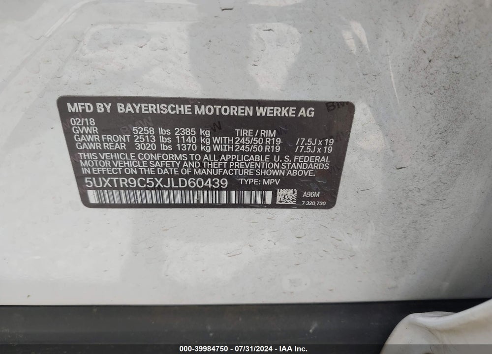 2018 BMW X3 XDRIVE30I VIN: 5UXTR9C5XJLD60439