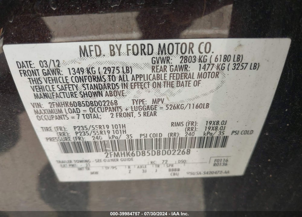 2013 FORD FLEX LIMITED VIN: 2FMHK6D85DBD02268
