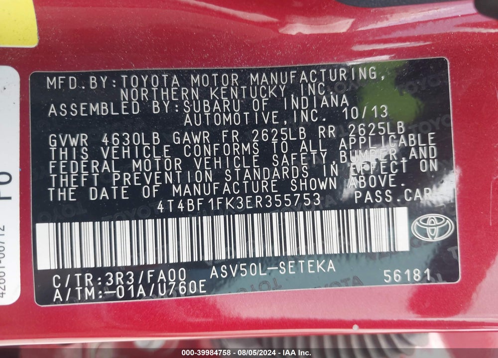 2014 TOYOTA CAMRY L VIN: 4T4BF1FK3ER355753