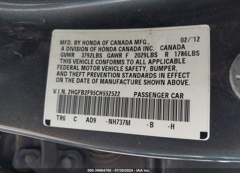 2012 HONDA CIVIC EX-L VIN: 2HGFB2F95CH552522