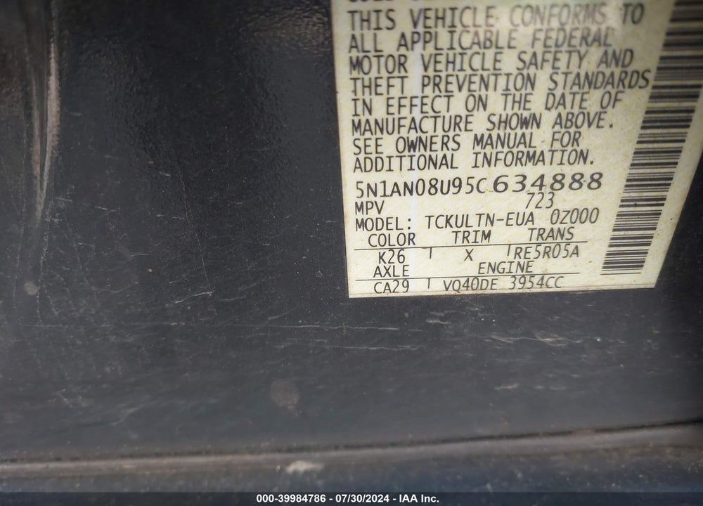 2005 NISSAN XTERRA SE VIN: 5N1AN08U95C634888