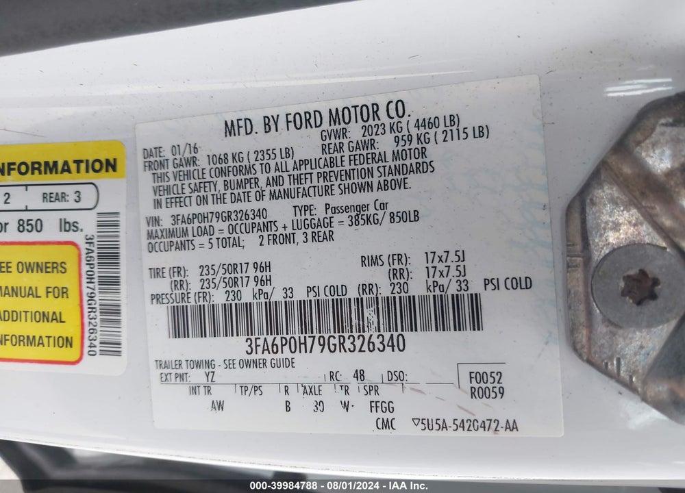 2016 FORD FUSION SE VIN: 3FA6P0H79GR326340