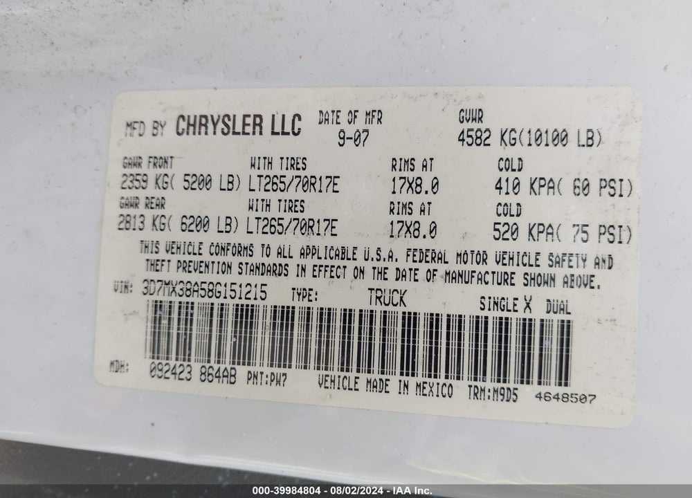 2008 DODGE RAM 3500 SLT VIN: 3D7MX38A58G151215