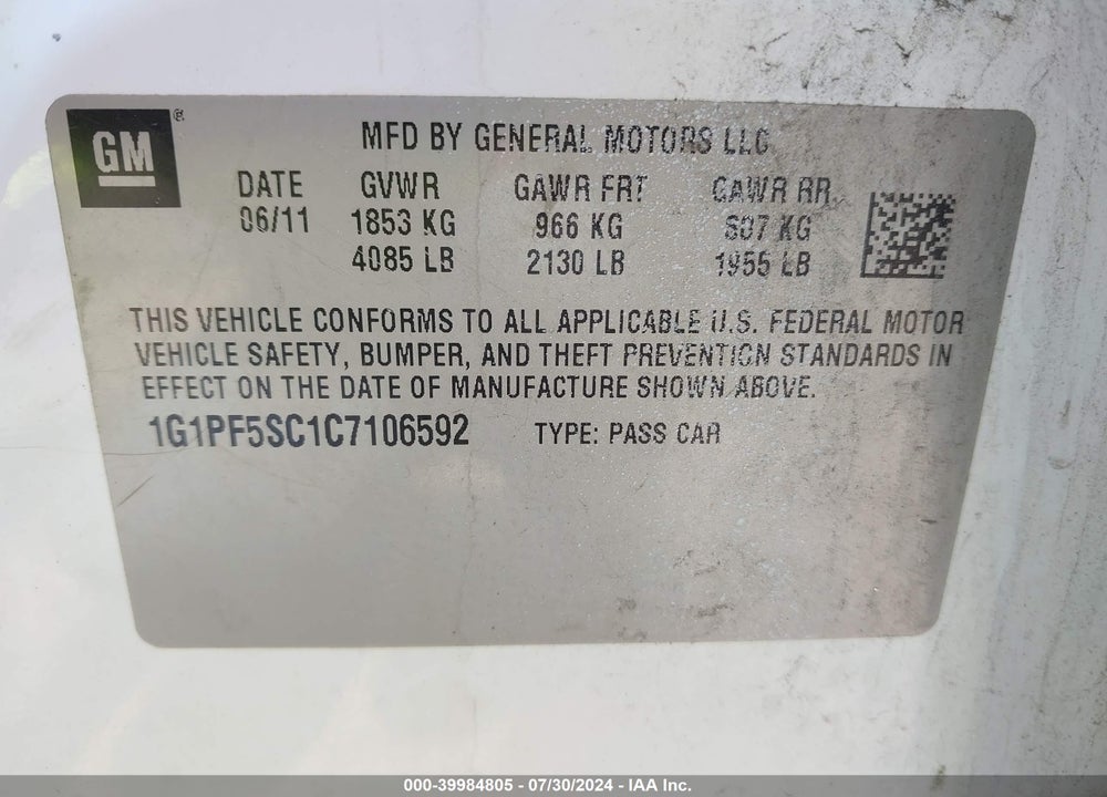 2012 CHEVROLET CRUZE 1LT VIN: 1G1PF5SC1C7106592