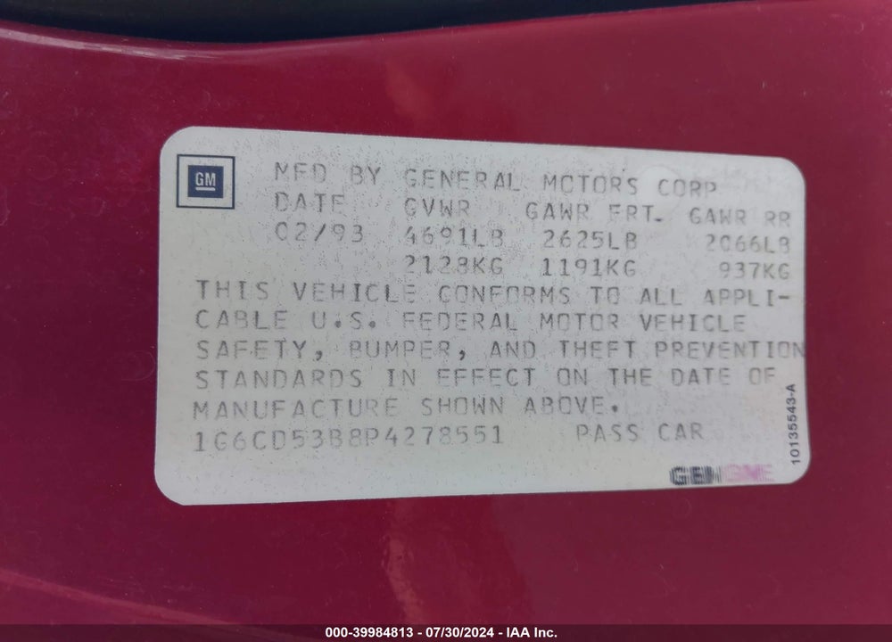 1993 CADILLAC DEVILLE VIN: 1G6CD53B8P4278551