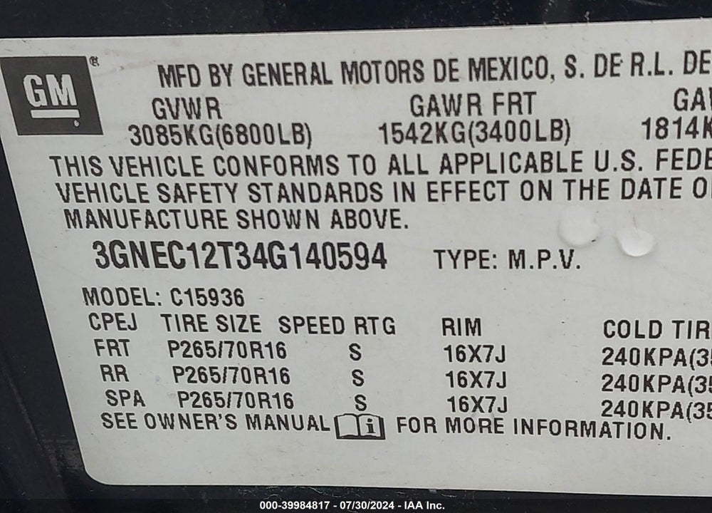 2004 CHEVROLET AVALANCHE 1500 VIN: 3GNEC12T34G140594