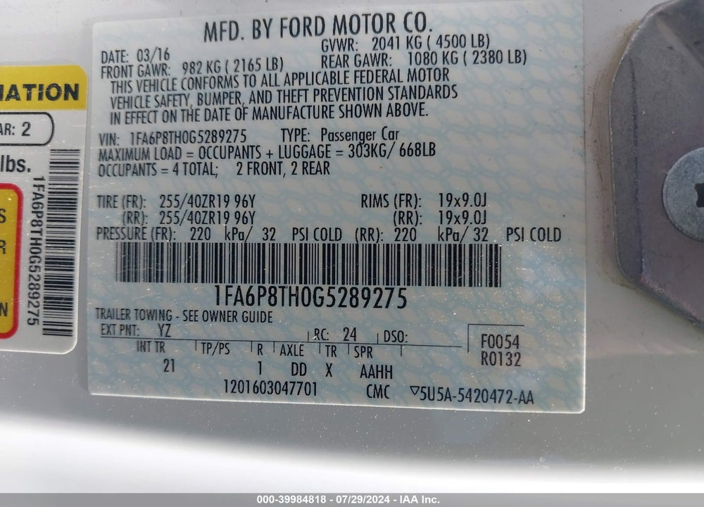 2016 FORD MUSTANG ECOBOOST VIN: 1FA6P8TH0G5289275