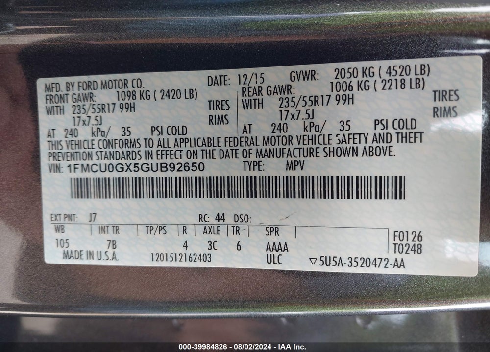 2016 FORD ESCAPE SE VIN: 1FMCU0GX5GUB92650
