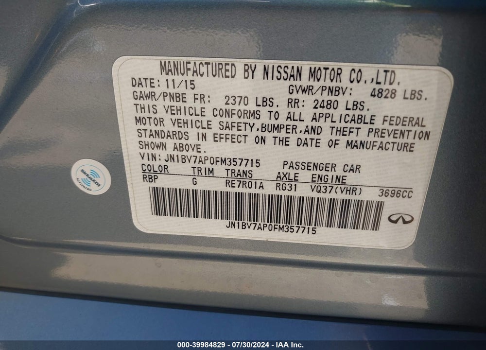 2015 INFINITI Q50 PREMIUM VIN: JN1BV7AP0FM357715