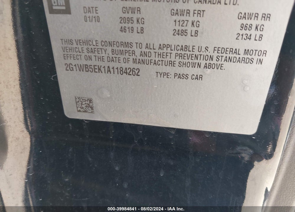 2010 CHEVROLET IMPALA LT VIN: 2G1WB5EK1A1184262