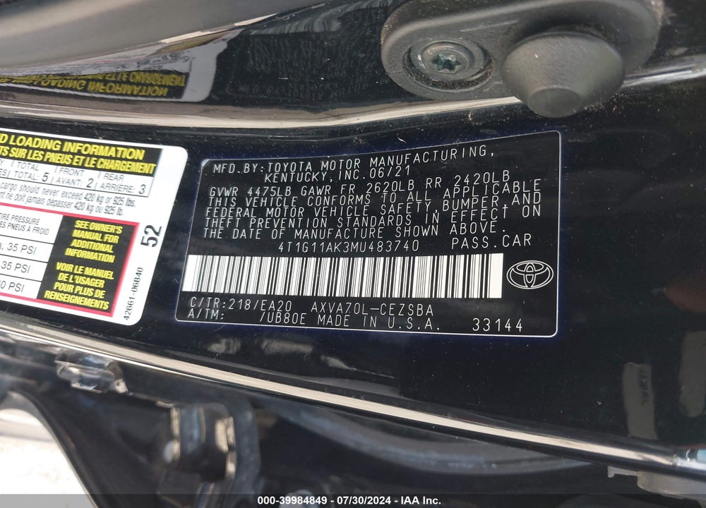 2021 TOYOTA CAMRY SE VIN: 4T1G11AK3MU483740