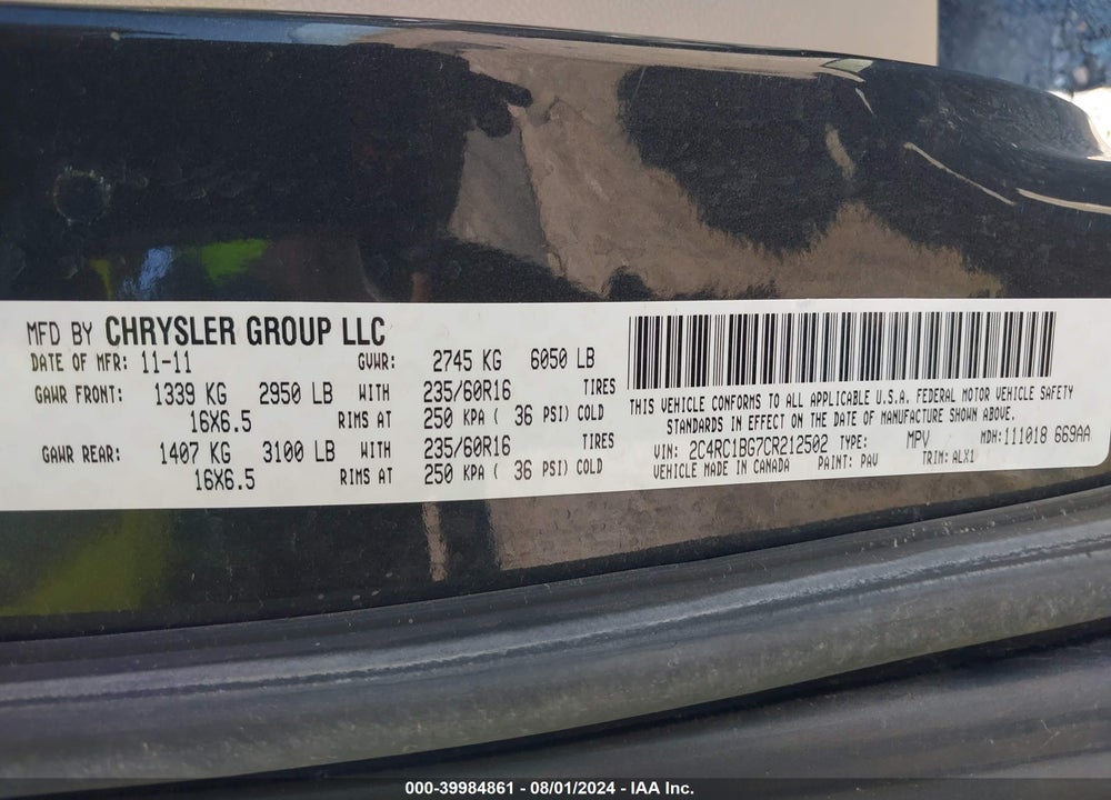 2012 CHRYSLER TOWN & COUNTRY TOURING VIN: 2C4RC1BG7CR212502