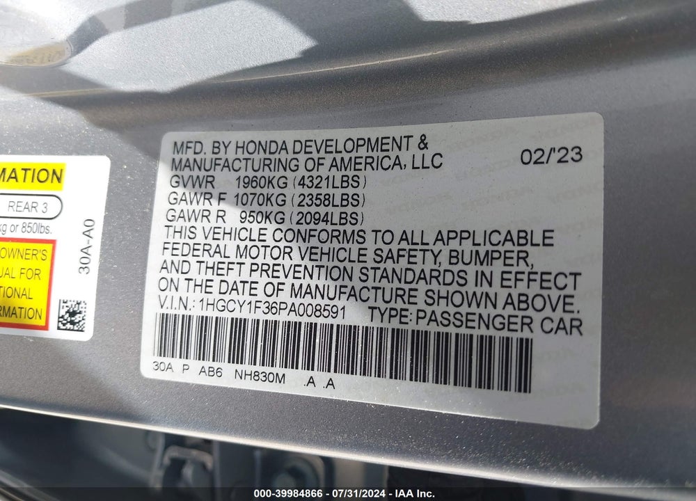 2023 HONDA ACCORD VIN: 1HGCY1F36PA008591
