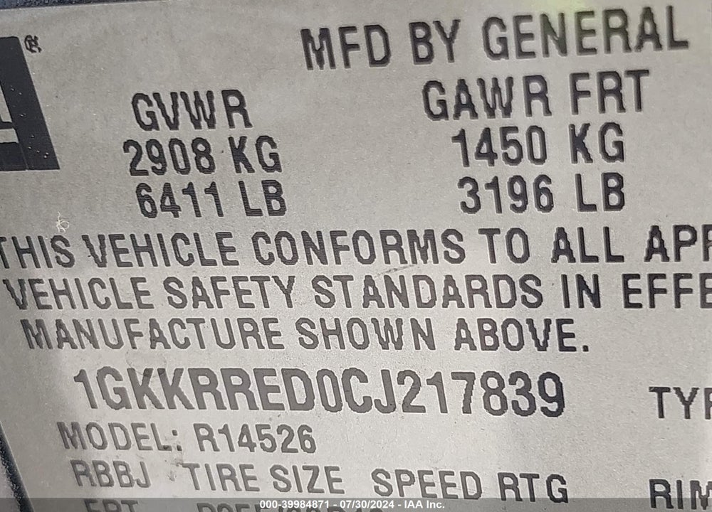 2012 GMC ACADIA SLT-1 VIN: 1GKKRRED0CJ217839
