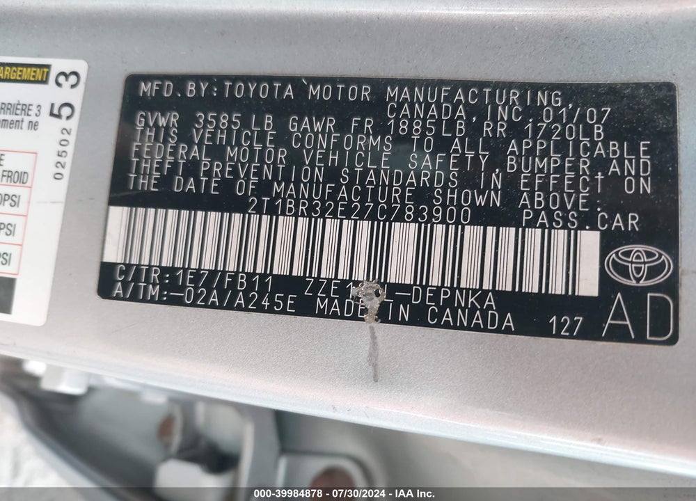 2007 TOYOTA COROLLA VIN: 2T1BR32E27C783900
