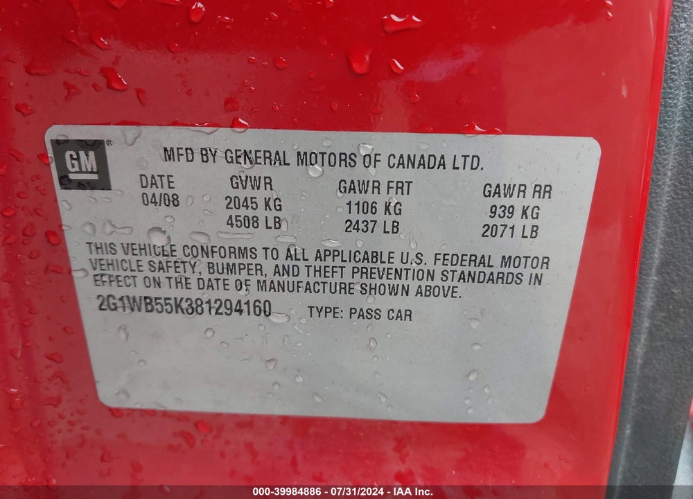 2008 CHEVROLET IMPALA LS VIN: 2G1WB55K381294160