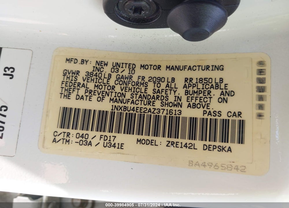 2010 TOYOTA COROLLA S VIN: 1NXBU4EE2AZ371613