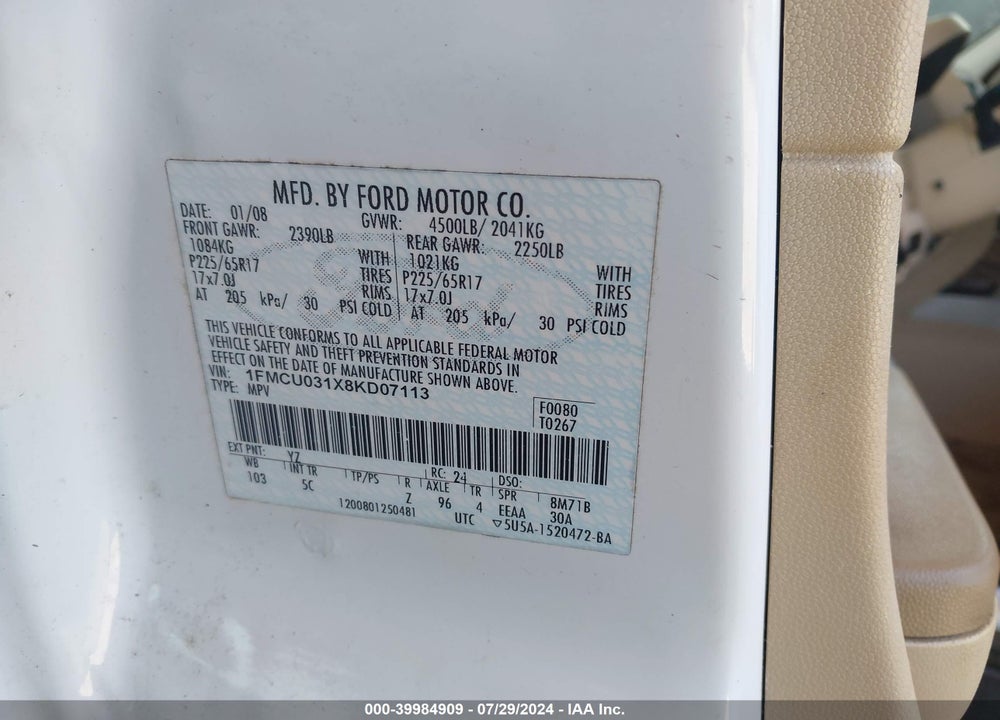 2008 FORD ESCAPE XLT VIN: 1FMCU031X8KD07113