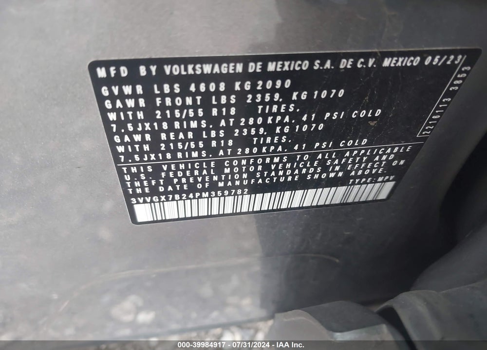 2023 VOLKSWAGEN TAOS 1.5T S VIN: 3VVGX7B24PM359782