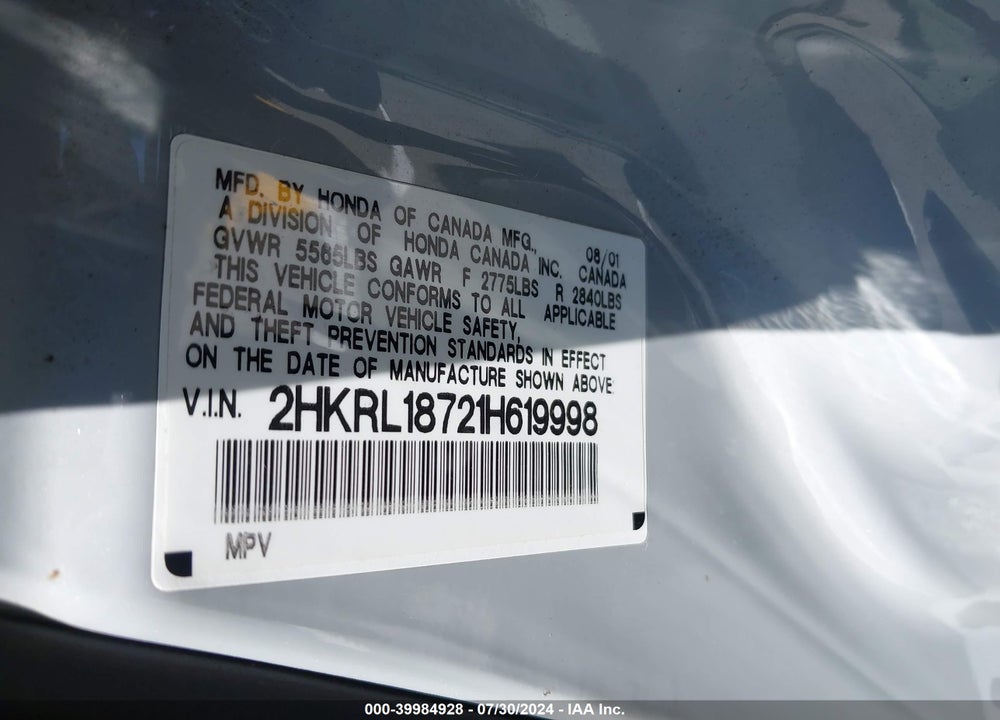 2001 HONDA ODYSSEY EX VIN: 2HKRL18721H619998