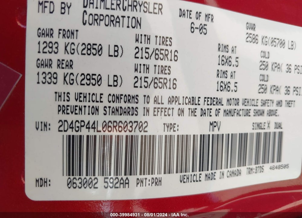 2006 DODGE GRAND CARAVAN SXT VIN: 2D4GP44L06R603702