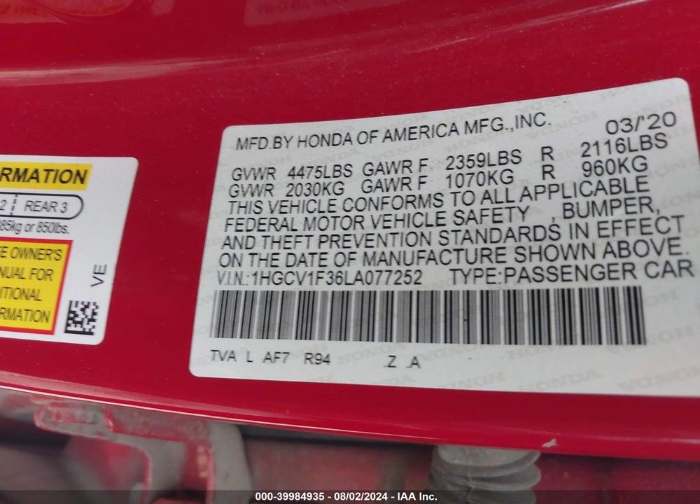 2020 HONDA ACCORD SPORT VIN: 1HGCV1F36LA077252