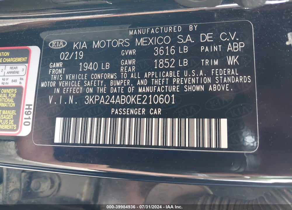 2019 KIA RIO LX VIN: 3KPA24AB0KE210601