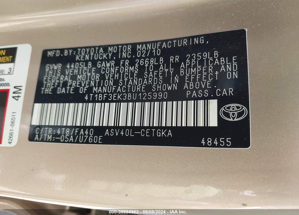 2011 TOYOTA CAMRY VIN: 4T1BF3EK3BU125990