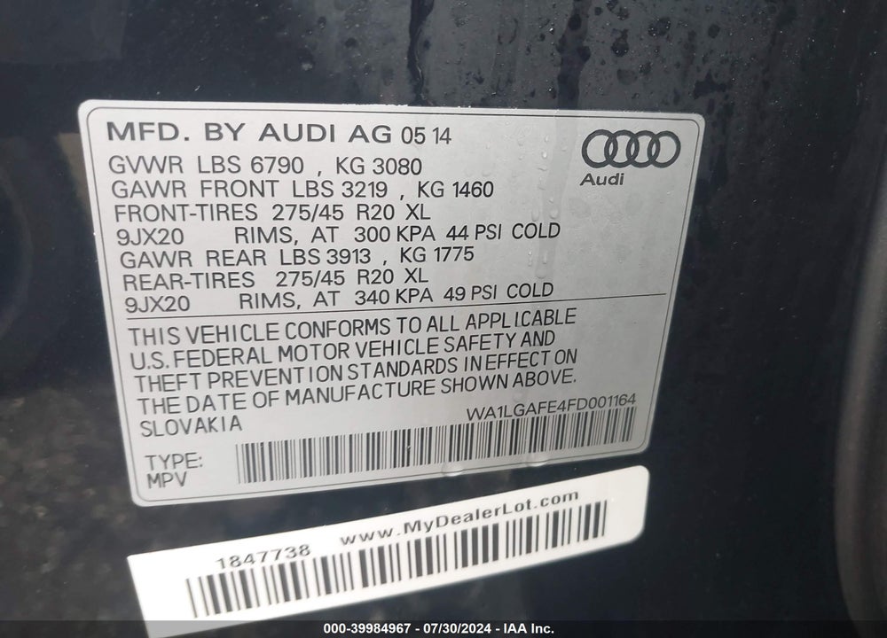 2015 AUDI Q7 3.0T PREMIUM VIN: WA1LGAFE4FD001164