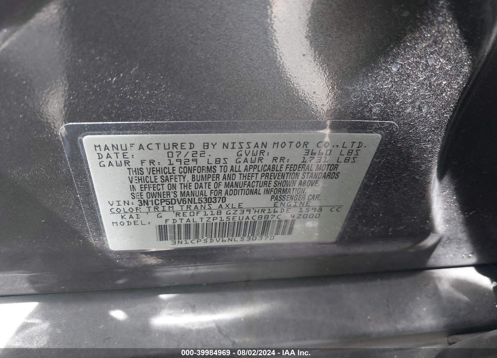 2022 NISSAN KICKS SR XTRONIC CVT VIN: 3N1CP5DV6NL530370