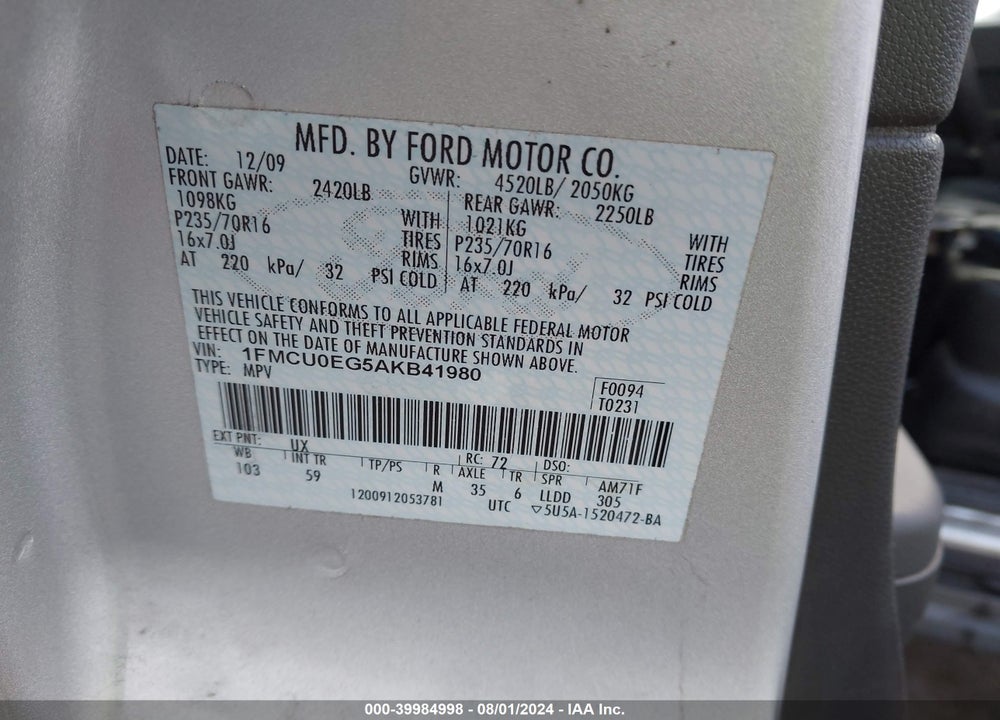 2010 FORD ESCAPE LIMITED VIN: 1FMCU0EG5AKB41980