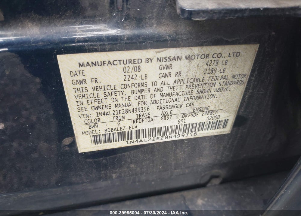2008 NISSAN ALTIMA VIN: 1N4AL21E28N499356