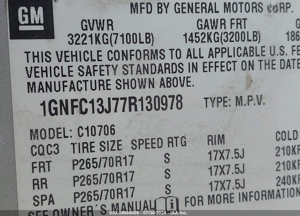 2007 CHEVROLET TAHOE LT VIN: 1GNFC13J77R130978