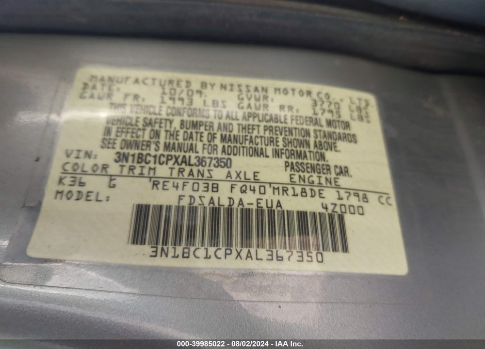 2010 NISSAN VERSA 1.8S VIN: 3N1BC1CPXAL367350