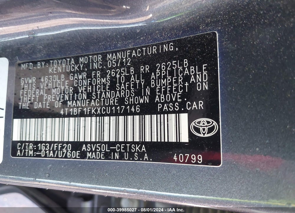 2012 TOYOTA CAMRY SE VIN: 4T1BF1FKXCU117146