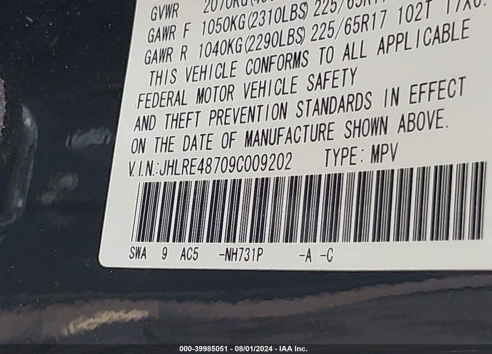 2009 HONDA CR-V EX-L VIN: JHLRE48709C009202