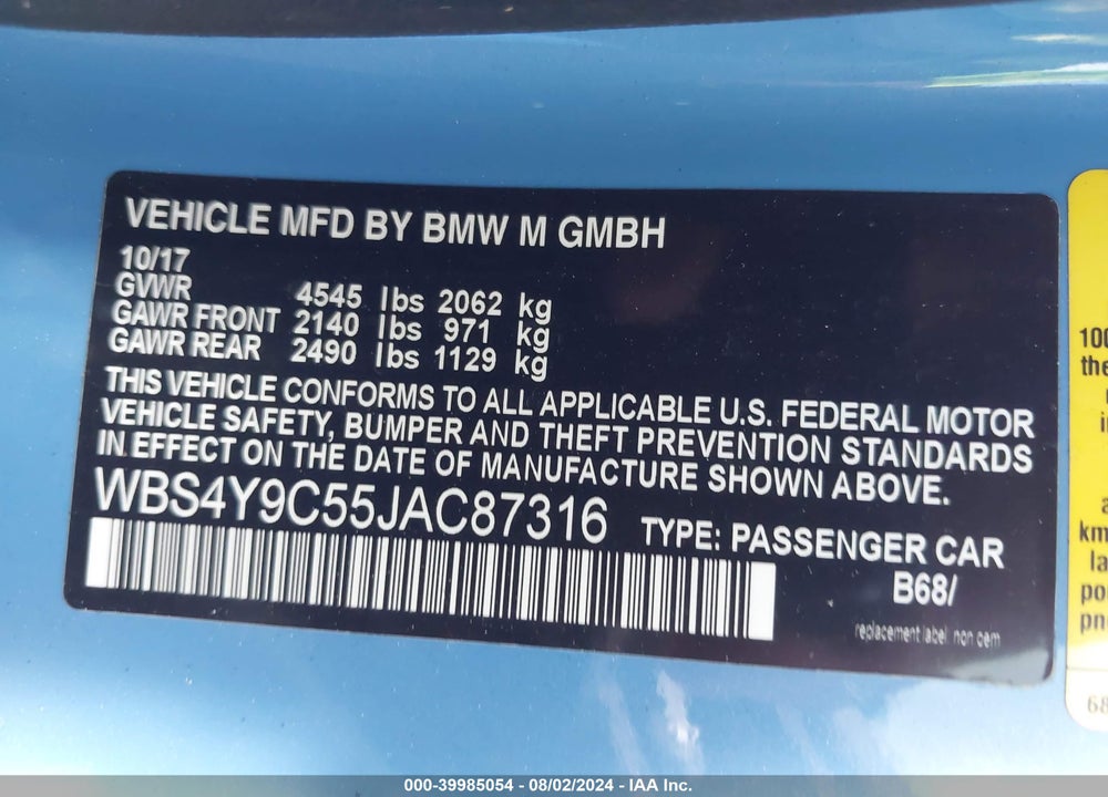 2018 BMW M4 VIN: WBS4Y9C55JAC87316