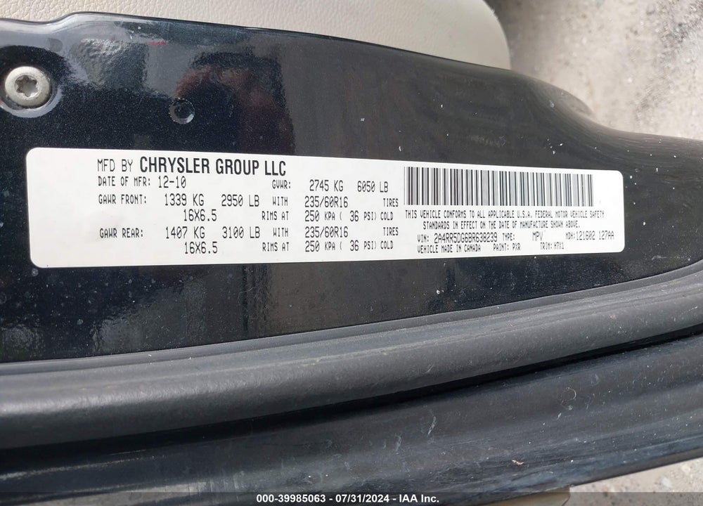 2011 CHRYSLER TOWN & COUNTRY TOURING VIN: 2A4RR5DG6BR638239