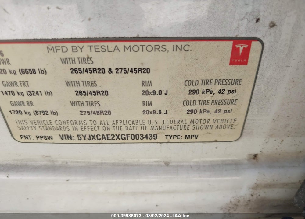 2016 TESLA MODEL X 60D/70D/75D/90D VIN: 5YJXCAE2XGF003439