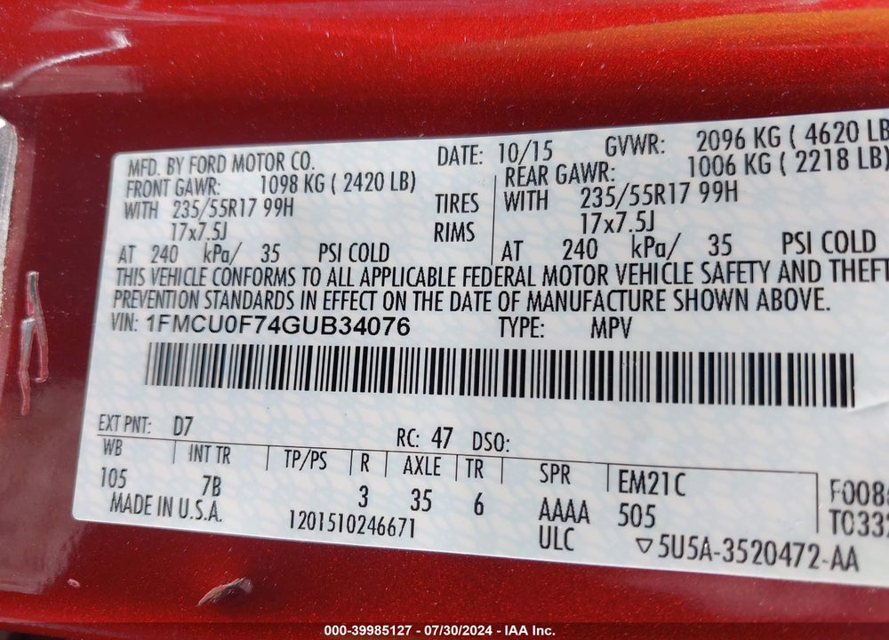 2016 FORD ESCAPE S VIN: 1FMCU0F74GUB34076