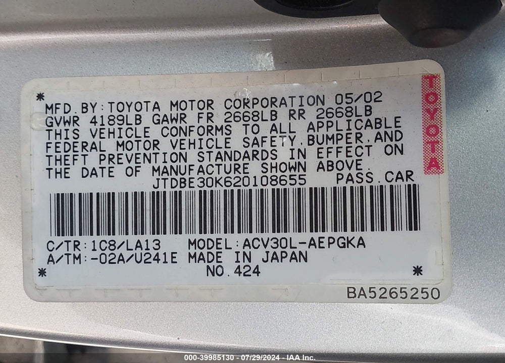 2002 TOYOTA CAMRY XLE VIN: JTDBE30K620108655