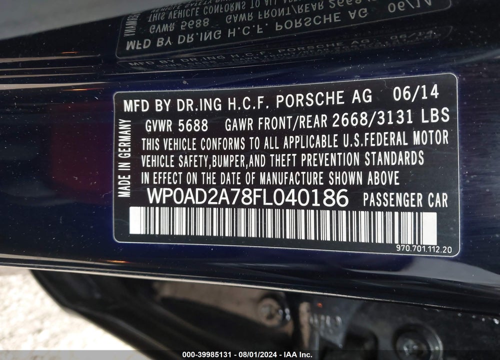 2015 PORSCHE PANAMERA E-HYBRID S VIN: WP0AD2A78FL040186