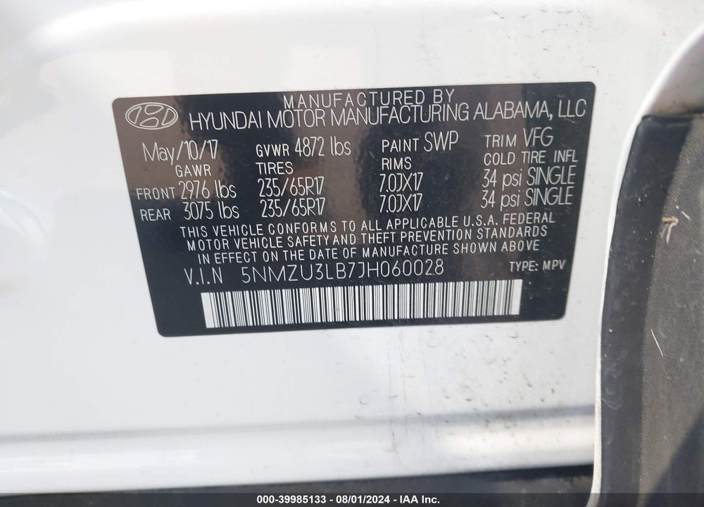 2018 HYUNDAI SANTA FE SPORT 2.4L VIN: 5NMZU3LB7JH060028