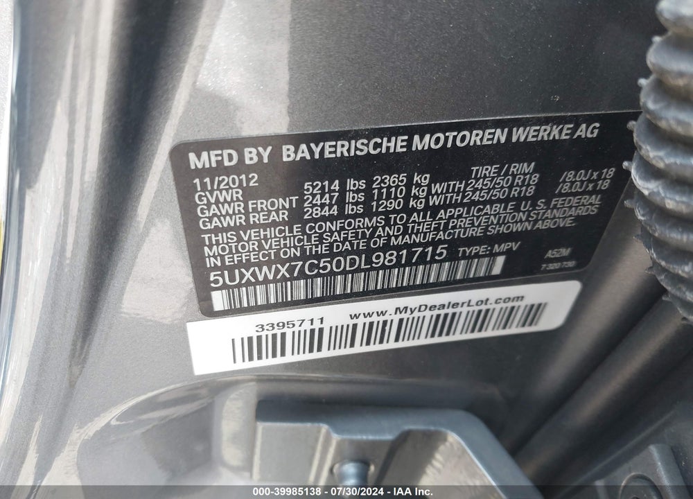 2013 BMW X3 XDRIVE35I VIN: 5UXWX7C50DL981715