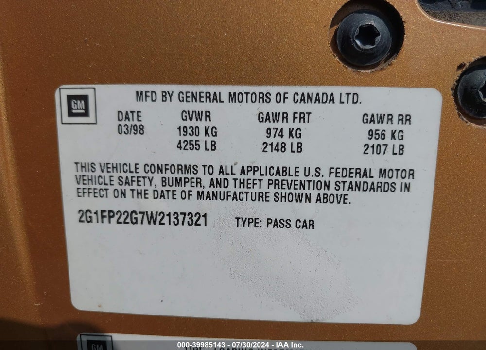 1998 CHEVROLET CAMARO Z28 VIN: 2G1FP22G7W2137321