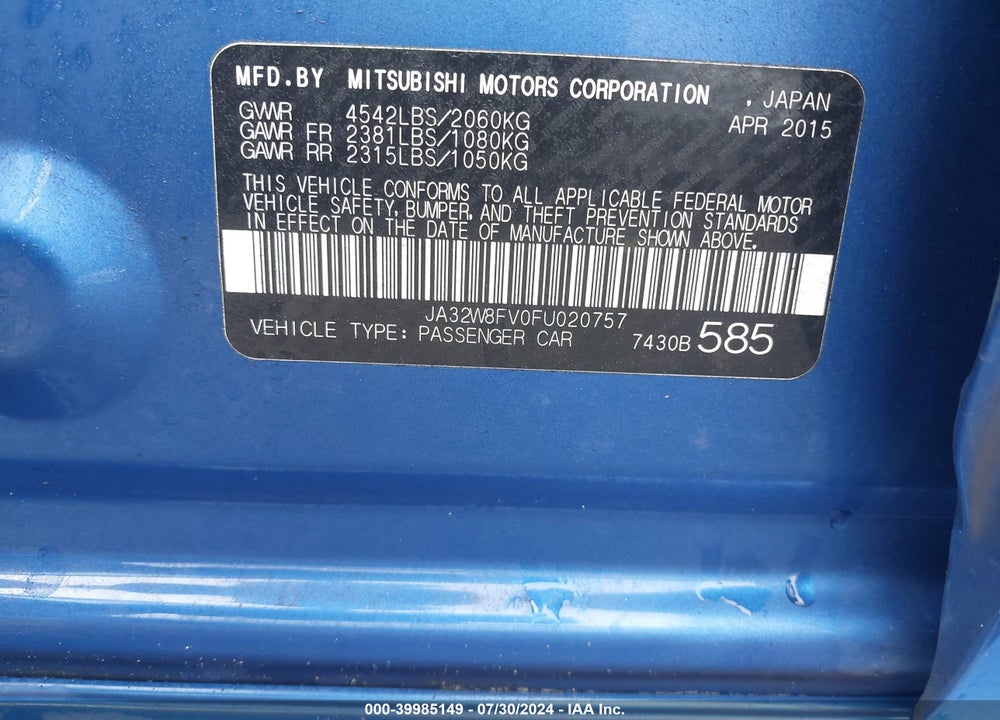 2015 MITSUBISHI LANCER EVOLUTION GSR VIN: JA32W8FV0FU020757