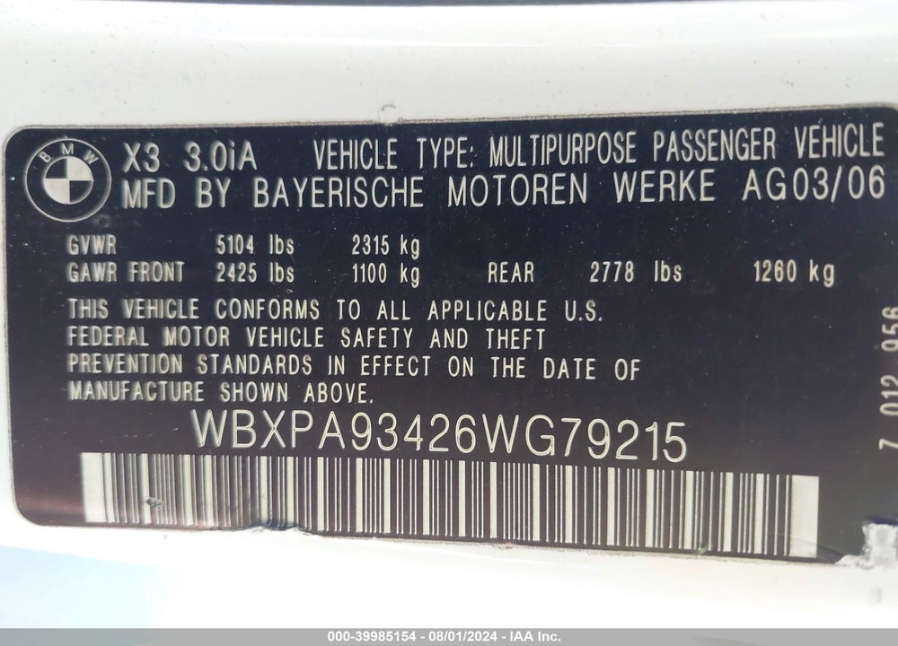 2006 BMW X3 3.0I VIN: WBXPA93426WG79215