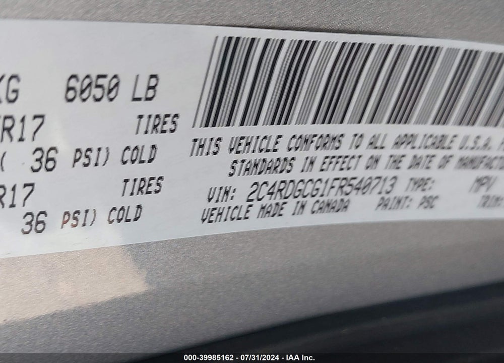 2015 DODGE GRAND CARAVAN SXT VIN: 2C4RDGCG1FR540713